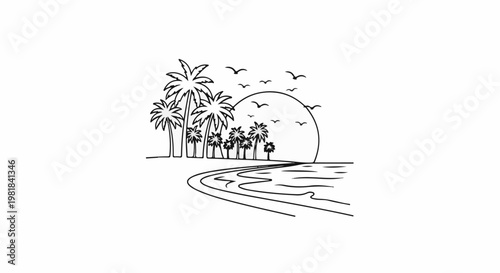 Silhouette of palm trees on a beach at sunset with birds flying