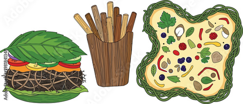 Illustration of soil structure and composition with a cross section view of a tree root system Vector