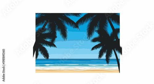 Silhouette of palm trees framing a tropical beach scene with blue ocean waves