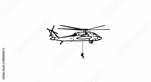 Silhouette of helicopter with person suspended by rope