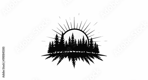 Silhouette of pine trees against a rising sun with radiating lines