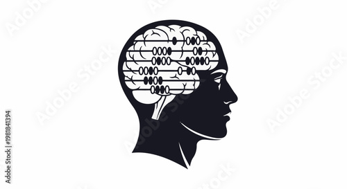 Silhouette of head with abacus inside brain symbolizing calculation and thought