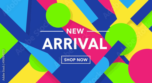 New Arrival Sale Banner with Colorful Abstract Shapes and Shop Now Button
