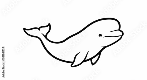 Simple black and white outline drawing of a smiling beluga whale