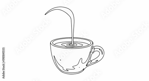 Simple black and white line drawing of liquid being poured into a cup of liquid