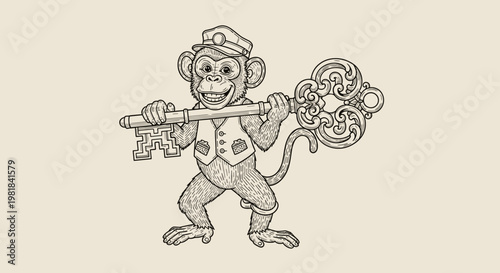 Whimsical monkey in a uniform holding a large ornate key with a smile