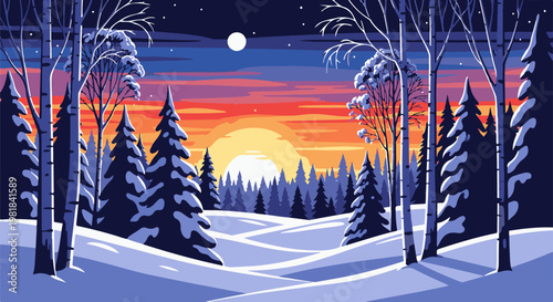 Snow-covered forest at sunset with vibrant sky and moon