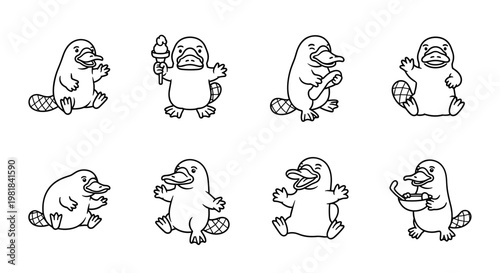 Playful cartoon platypus characters enjoying various fun activities