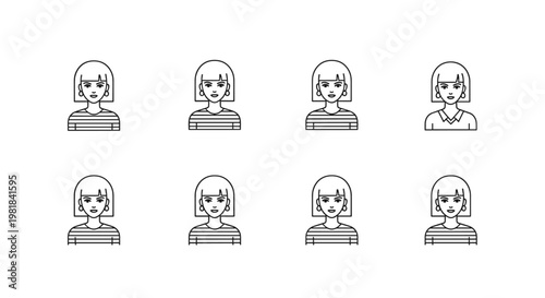 Set of simple line art avatars of women with bob haircuts and striped shirts