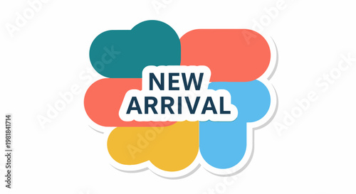 New Arrival Sticker with Colorful Abstract Shapes and White Background