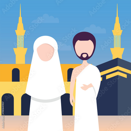 Muslim Pilgrims Couple Performing Hajj in Mecca with Kaaba Illustration