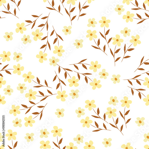 Seamless floral pattern, liberty ditsy print of mini plants in delicate pastel colors. Cute botanical design of tiny hand-drawn flowers and small leaves. Simple romantic pattern. Vector illustration.