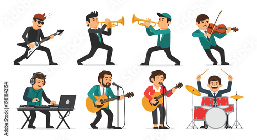 Set of 8 Cartoon Musicians Playing Instruments Vector