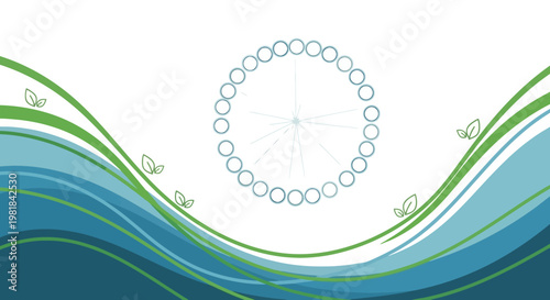 Eco-friendly waves and circle of leaves, symbolizing nature's harmony and sustainable growth