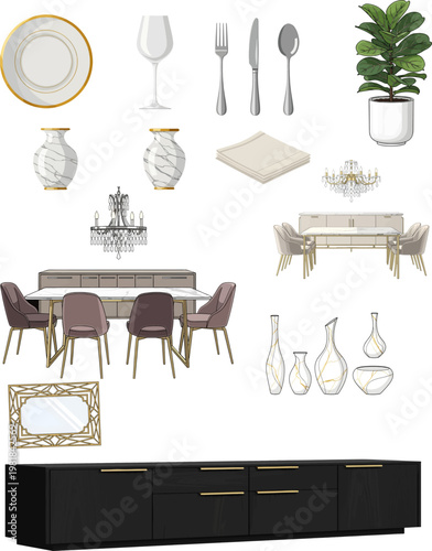 luxury dining room vector icon set