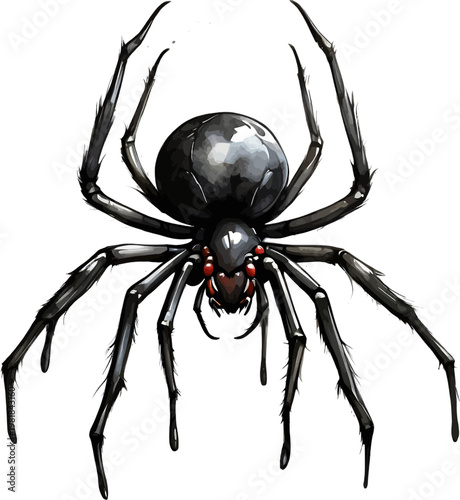 Watercolor Black Widow Spider Vector Illustration with Glossy Abdomen and Red Details
