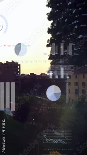 Vertical video: Camera panning, skyline with HUD animating charts, visualizing smart city metrics