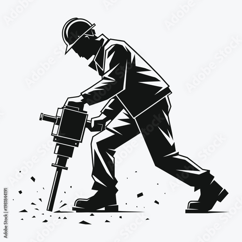 Construction worker in hard hat operating a jackhammer on white background male person