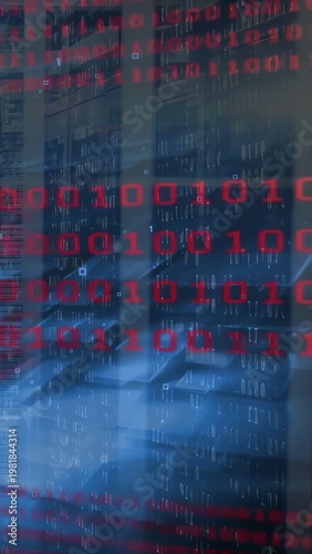 Vertical video: Hooded person monitoring racks, pulse firing red binary overlaying frame, aiding IT