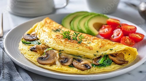 A delicious and healthy omelet filled with sautéed mushrooms and fresh spinach, served alongside sliced avocado and vibrant cherry tomatoes on a white plate.