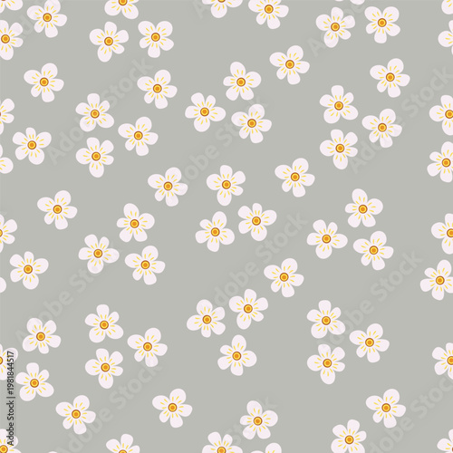 Seamless floral pattern, liberty ditsy print of mini plants in delicate pastel colors. Cute botanical design of tiny hand-drawn flowers and small leaves. Simple romantic pattern. Vector illustration.