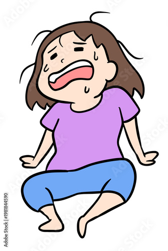 暑さで汗だくになり手を後ろについて座り込むコミカルな女性