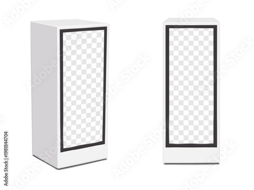 Blank white pedestal table with built-in LCD screen. Realistic 3d vector mockup. Tradeshow digital display podium. Easy editable mock-up. Multimedia portable counter stand. Template for design