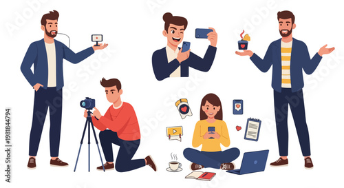Set of 5 vector illustrations of content creators with cameras, smartphones, and social media elements