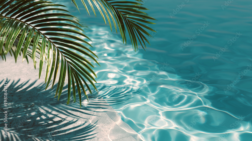 Tropical palm leaf shadow over clear blue pool water with sunlight reflections