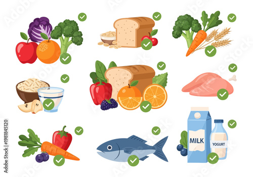 Healthy Food Choices Featuring Fresh Produce, Dairy, Grains, Poultry, and Fish for Balanced Nutrition