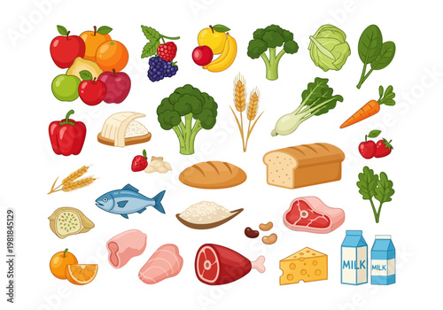 A vibrant and diverse collection of healthy foods, showcasing a wide range of fresh fruits, vegetables, proteins, and dairy products in a visually appealing arrangement