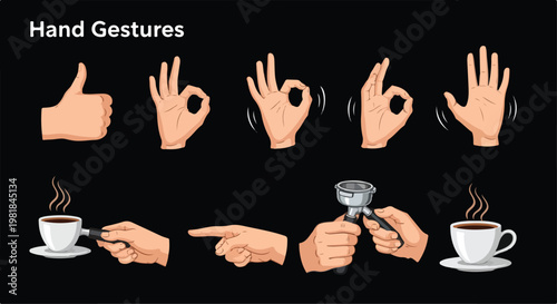 Set of 8 Hand Gesture and Coffee Related Vector Illustrations