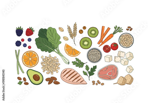 Vibrant Collection of Healthy Food Items Arranged Artfully for a Wholesome Meal Inspiration