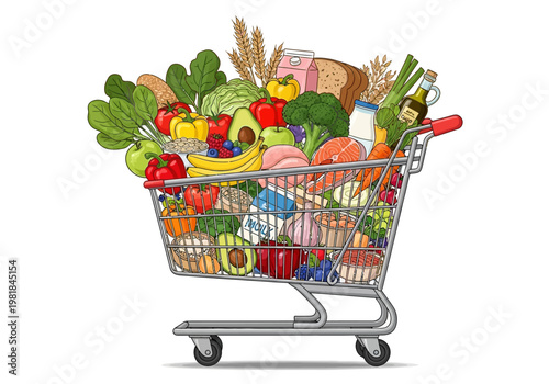 Filled shopping cart overflowing with a variety of fresh groceries including fruits, vegetables, dairy, and bread
