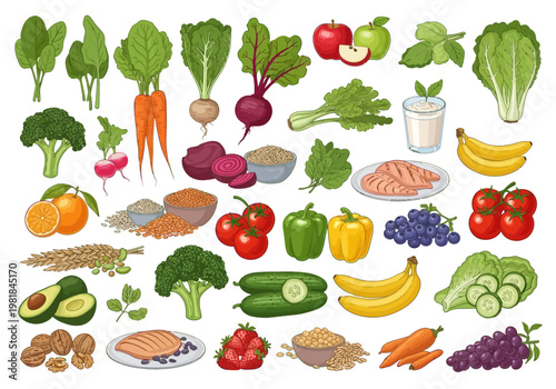 A vibrant and diverse collection of fresh fruits, vegetables, and healthy food items, showcasing a colorful assortment for a nutritious lifestyle