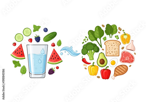 Healthy food and drink choices for a balanced diet and good nutrition to maintain a healthy lifestyle, including fruits, vegetables, and protein sources