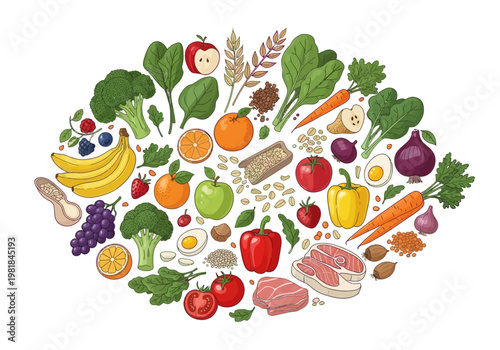 A vibrant assortment of fresh, healthy foods, including fruits, vegetables, lean proteins, and whole grains, arranged in an appealing oval composition
