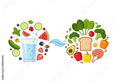 Healthy eating and drinking habits for a balanced lifestyle, featuring fresh produce, protein, and hydration