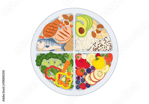 Balanced healthy meal divided into four sections featuring lean protein, whole grains, vegetables, fruits, and nuts for a nutritious diet