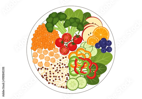 A vibrant and healthy plate filled with a colorful assortment of fresh fruits and vegetables, showcasing a balanced and nutritious meal option
