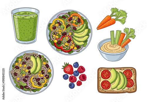 A vibrant and healthy collection of fresh foods, including a green smoothie, a colorful salad, hummus with carrots, berries, and avocado toast