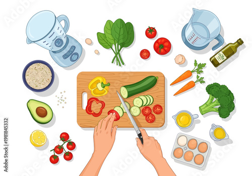Healthy eating and fresh ingredients prepared for cooking, featuring a person chopping vegetables on a cutting board, with a blender, eggs, and olive oil nearby