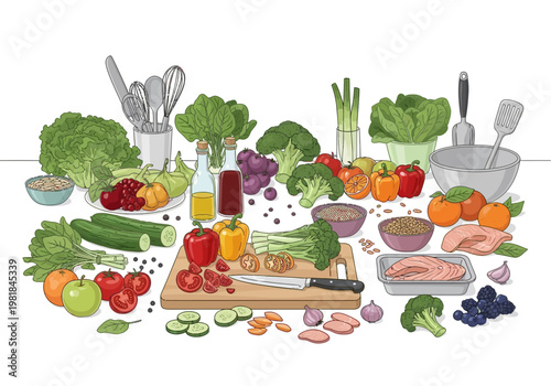 A bountiful arrangement of fresh vegetables, fruits, and ingredients ready for healthy meal preparation, showcasing a vibrant spread of colorful produce
