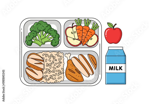Healthy School Lunch Tray with Chicken, Rice, Vegetables, Fruit, and Milk