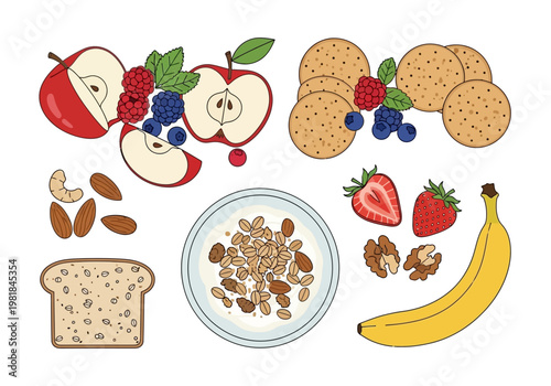 Healthy breakfast food assortment featuring fruits, granola, bread, nuts, and cookies for a nutritious start