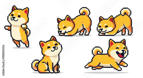 Cute Pixel Art Shiba Inu Dog Poses Set