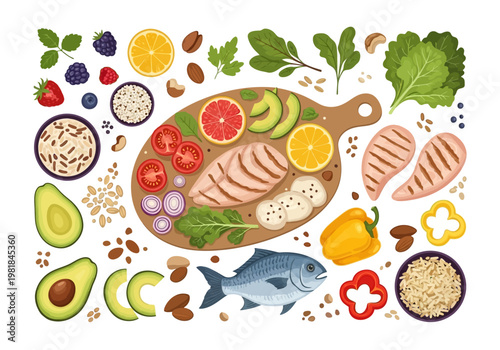 Healthy food ingredients for balanced diet, including fish, chicken, fruits, vegetables, nuts, and grains for a nutritious meal