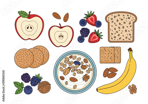 Delicious and Healthy Breakfast Foods Including Fruits, Cereals, Nuts, and Baked Goods