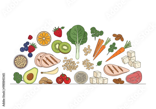 A vibrant assortment of healthy foods including fruits, vegetables, lean proteins, and nuts arranged in a visually appealing composition