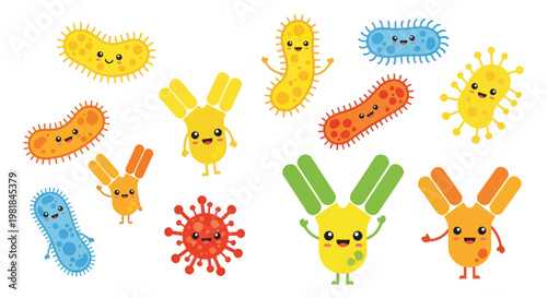 Cute Cartoon Bacteria and Antibodies, Microbiology and Immunology Illustration